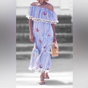 Latiste by Amy Off-Shoulder Striped Midi Dress Tomato Girl Boho Tassel Fringe